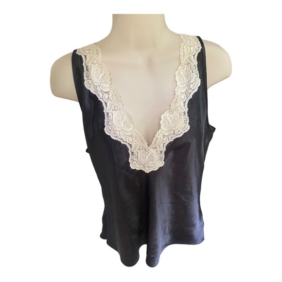 Vtg size L Black Satin Ivory Lace Trim double v-neck Chemise top By Inner Most - Picture 4 of 11